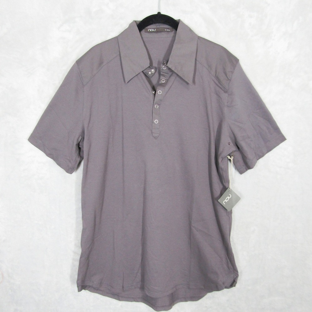 Nau Mens Combo Polo Shirt Large Charcoal Gray Organic Cotton Stretch Snap Neck